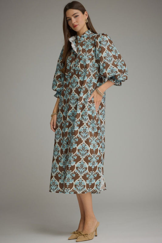Entro Brown & Blue Printed Balloon Sleeve Midi Dress