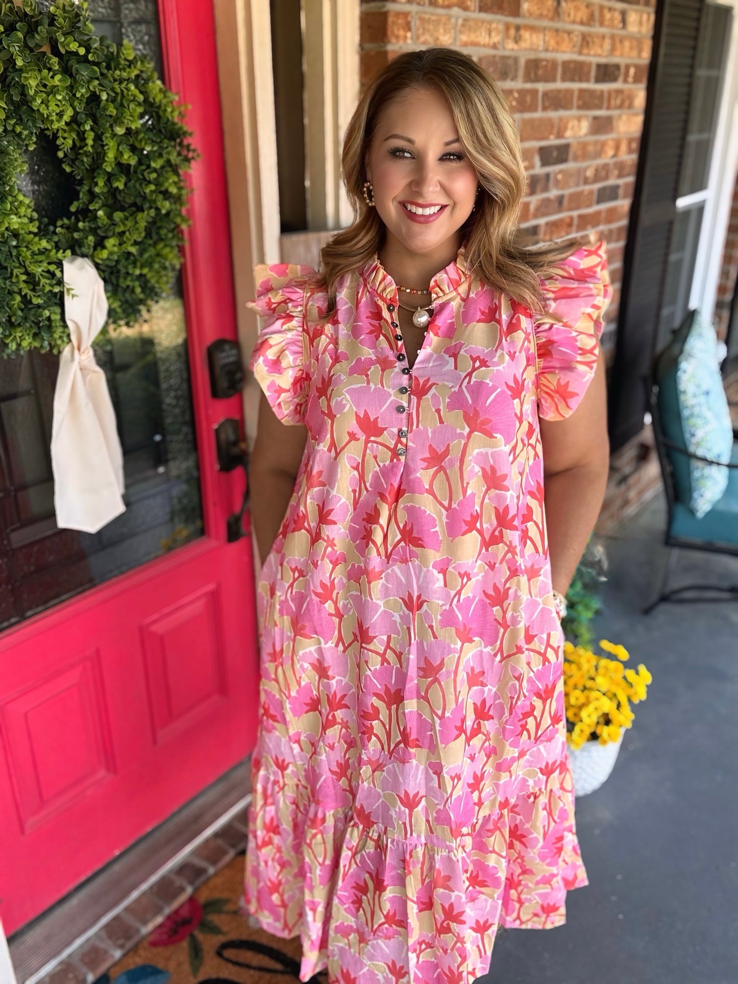 Pink Floral Midi Dress