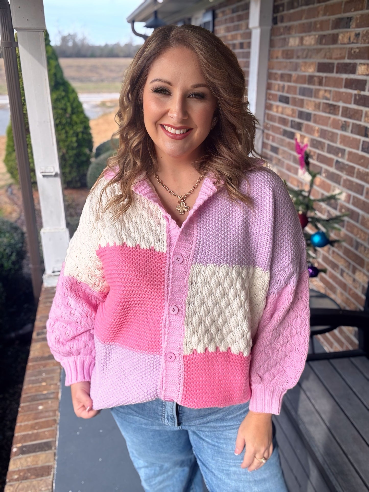 Long Sleeve Knit Sweater Top with Color Block