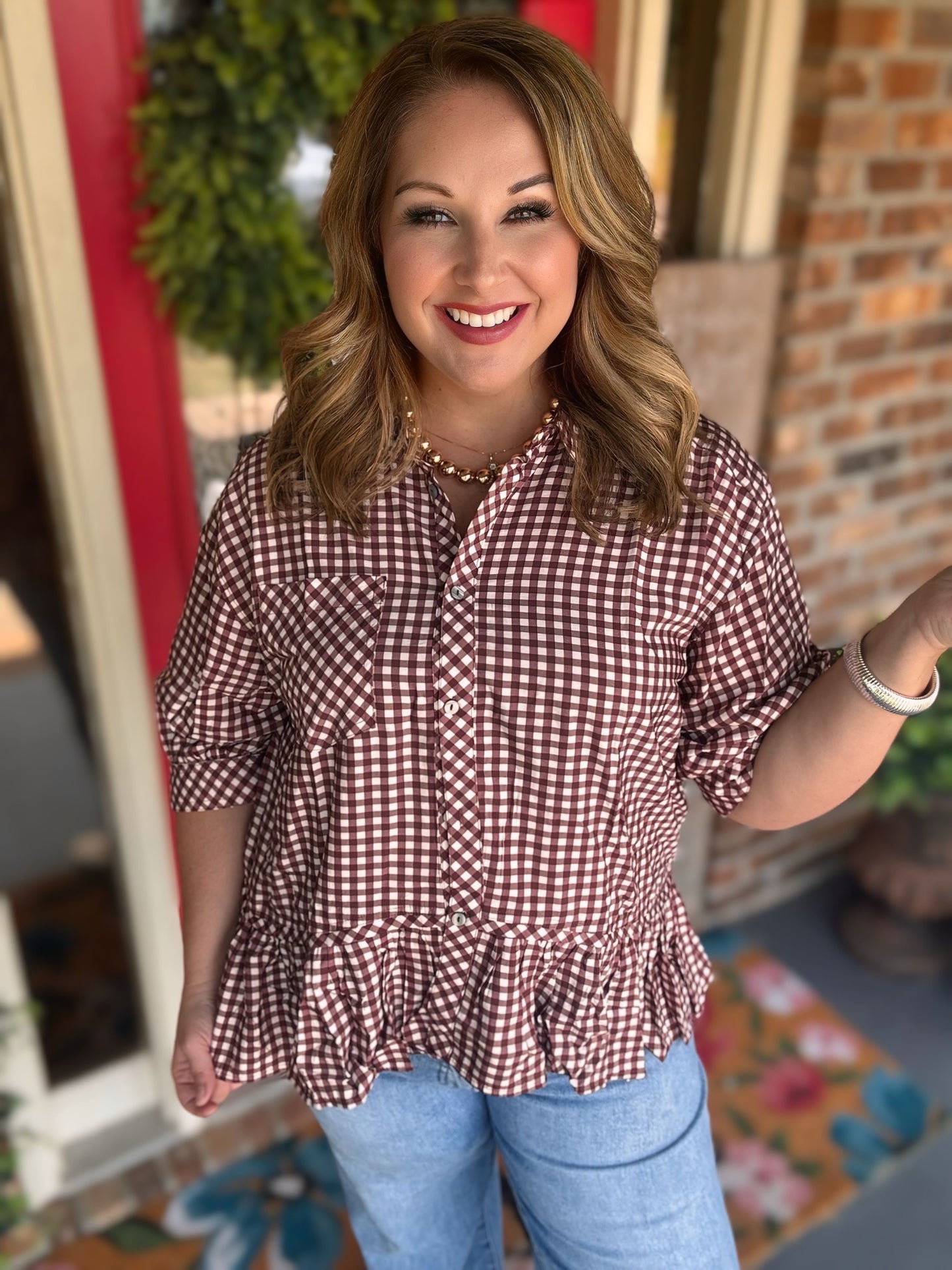 Entro Red Bean Gingham Top