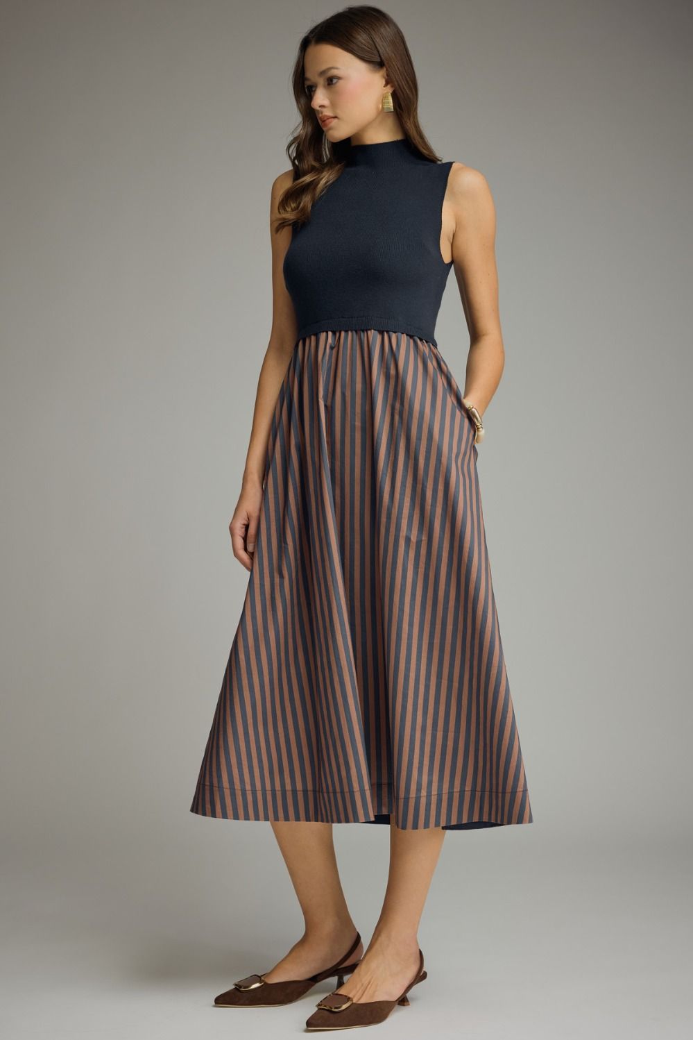 Entro Navy & Brown Striped Mock Neck Midi Dress