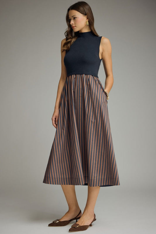 Entro Navy & Brown Striped Mock Neck Midi Dress