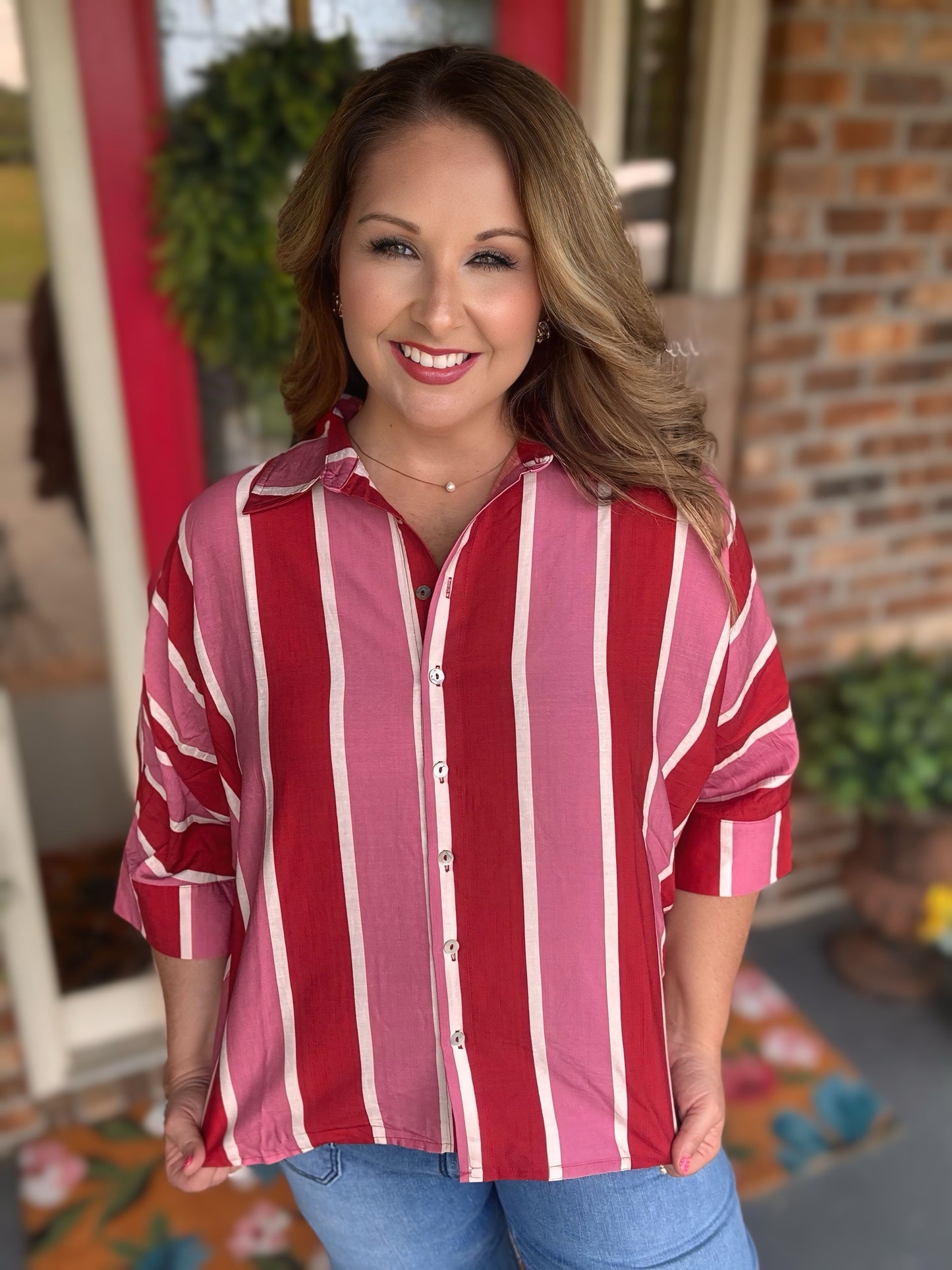 Entro Striped Rust/Pink Button Up Top