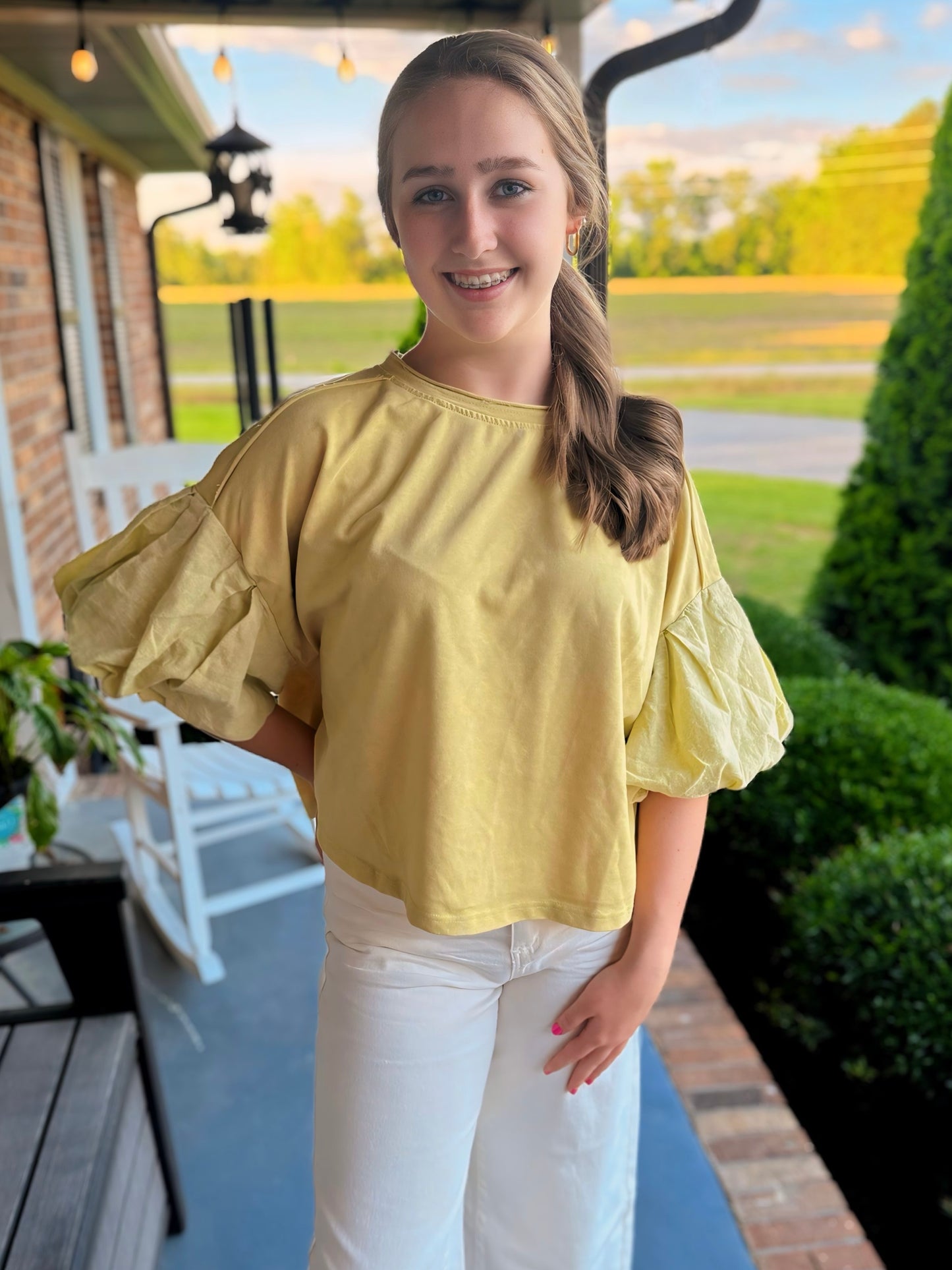 Dramatic Puff Sleeve Top in Lime