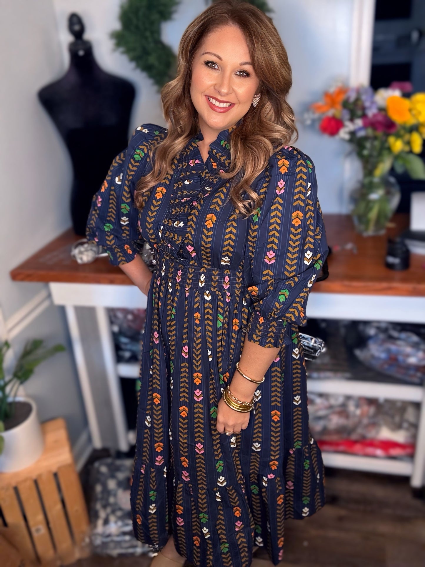 Floral Midi Dress- Ruffle Collar