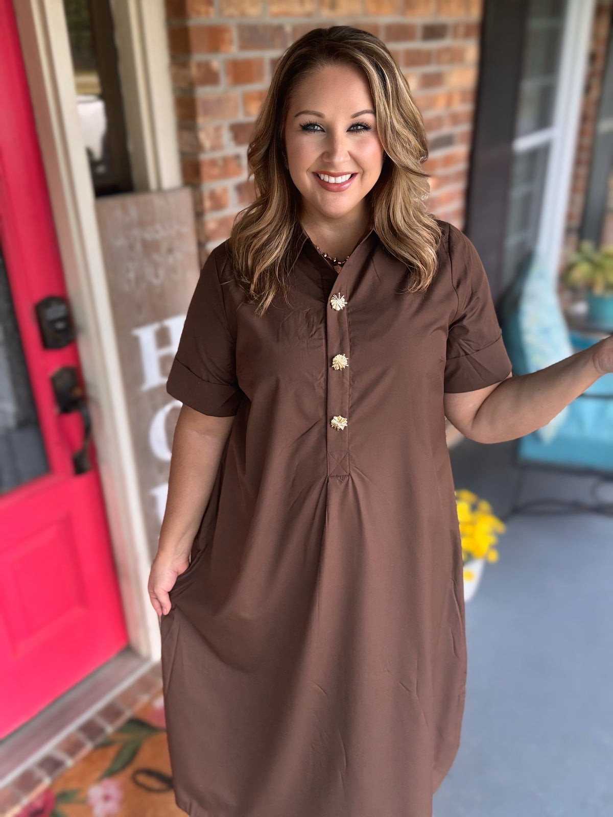 Brown Midi Dress with Gold Snap Buttons | Entro