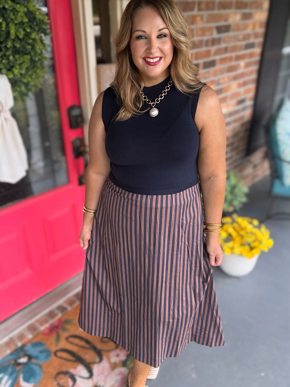 Entro Navy & Brown Striped Mock Neck Midi Dress