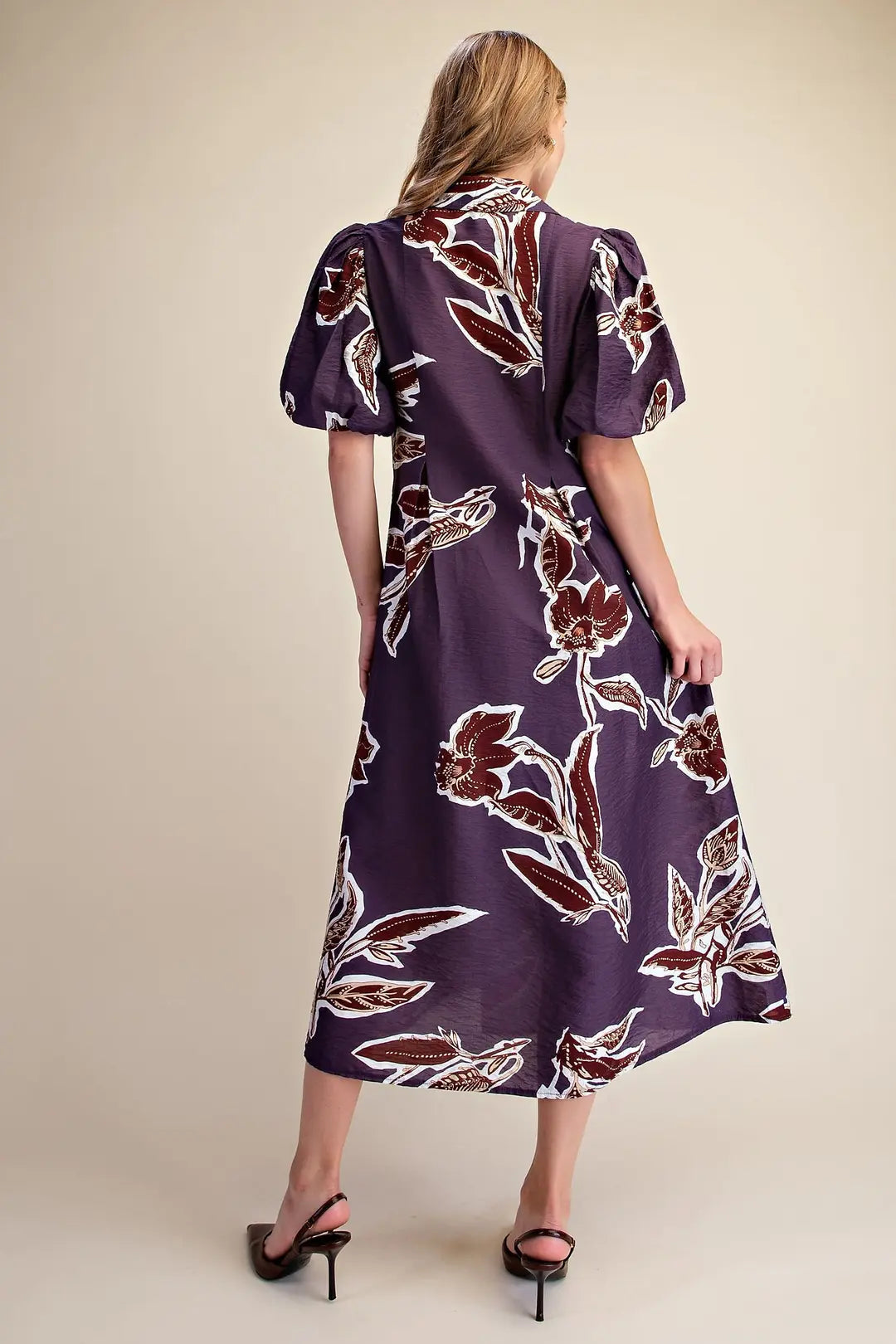 Plum Autumn Print Puff Sleeve Midi Dress