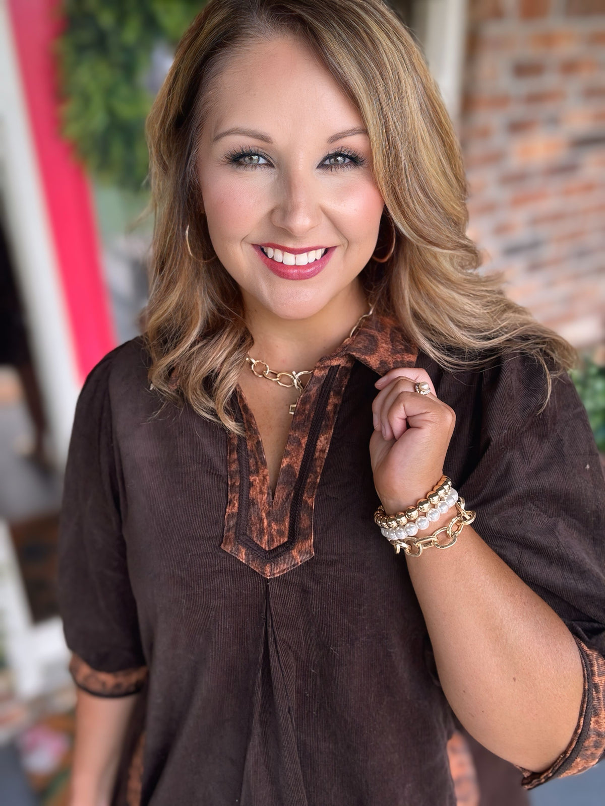 Umgee Brown Cotton Shift Dress with Leopard Contrast Trim & Pockets