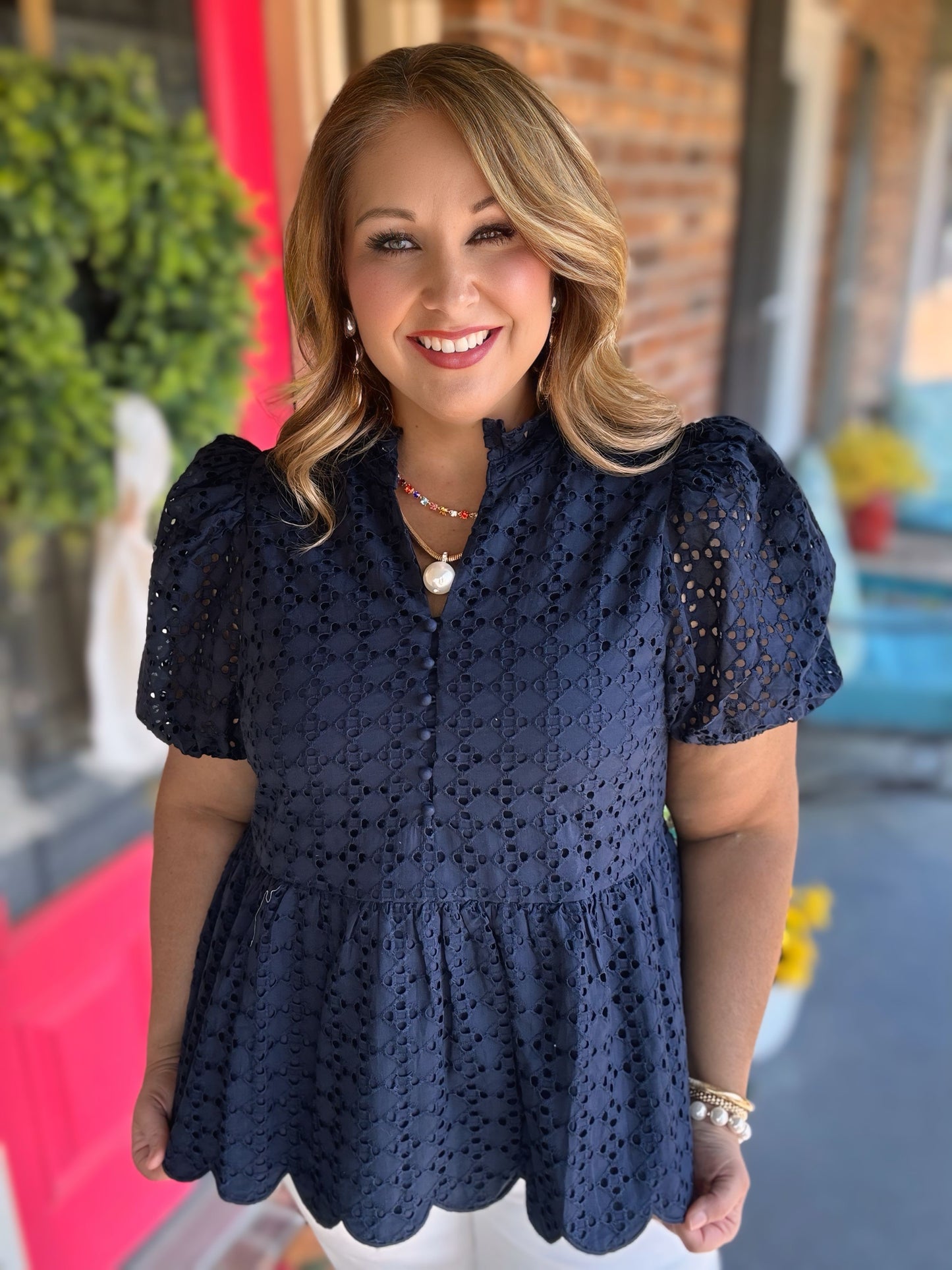 Navy Eyelet Top