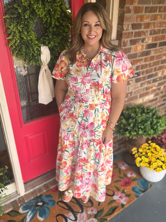 Easel FLORAL PRINTED COTTON POPLIN MAXI DRESS