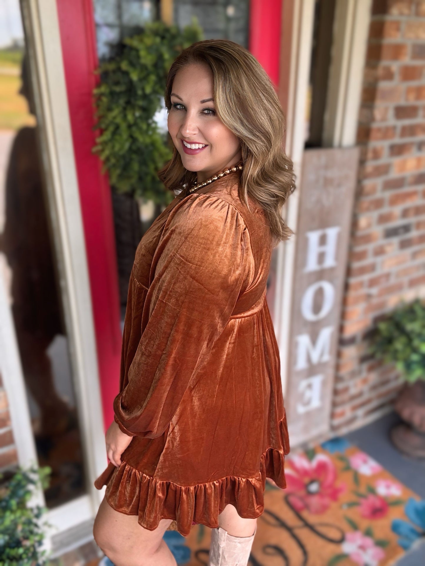 Bronze Velvet Babydoll Dress
