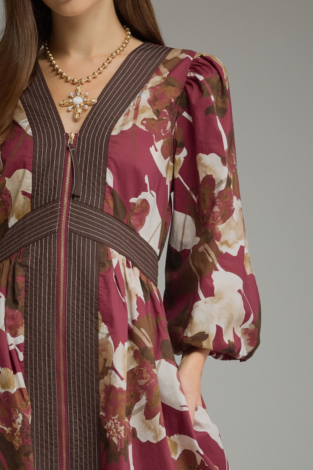 Entro Burgundy Floral Zip-Front Midi Dress