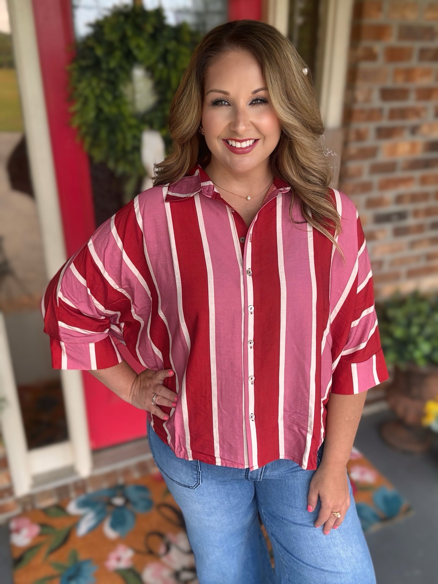 Entro Striped Rust/Pink Button Up Top