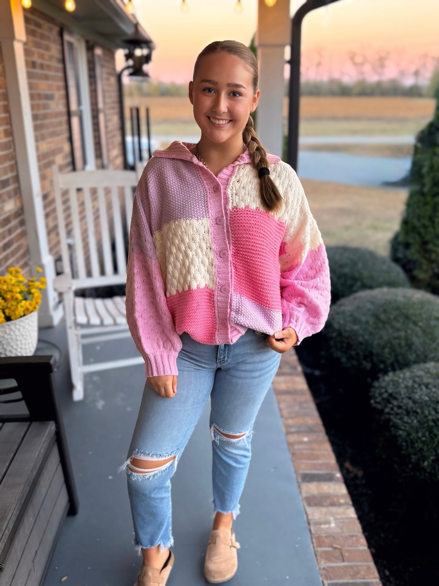 Long Sleeve Knit Sweater Top with Color Block