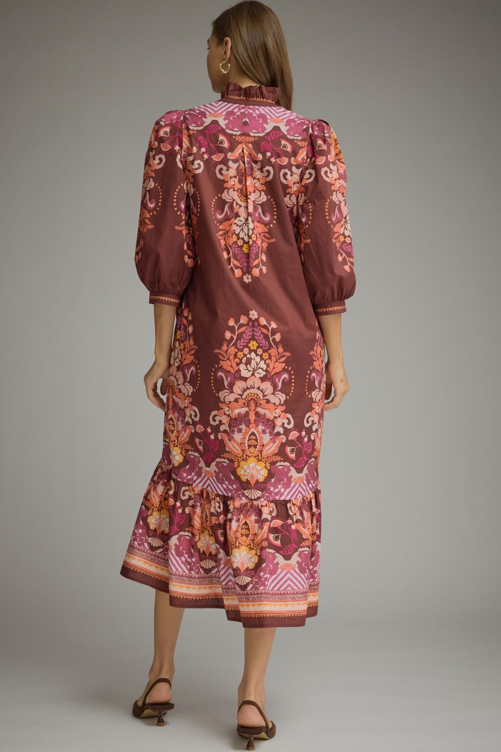 Entro Burgundy Border Floral Print Midi Dress