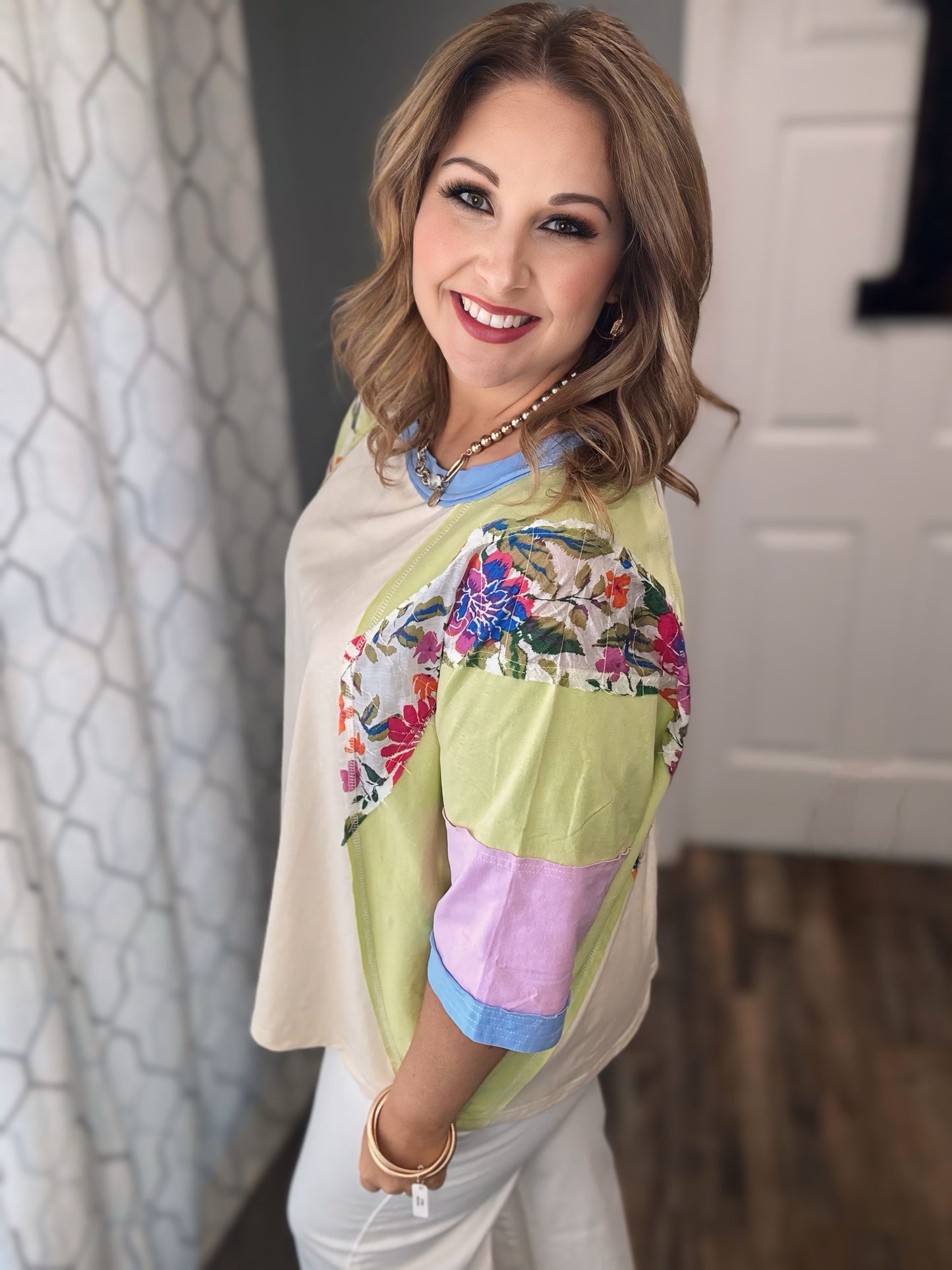 Color Block Top with Mixed Floral Print Design in Oatmeal, Green, Periwinkle