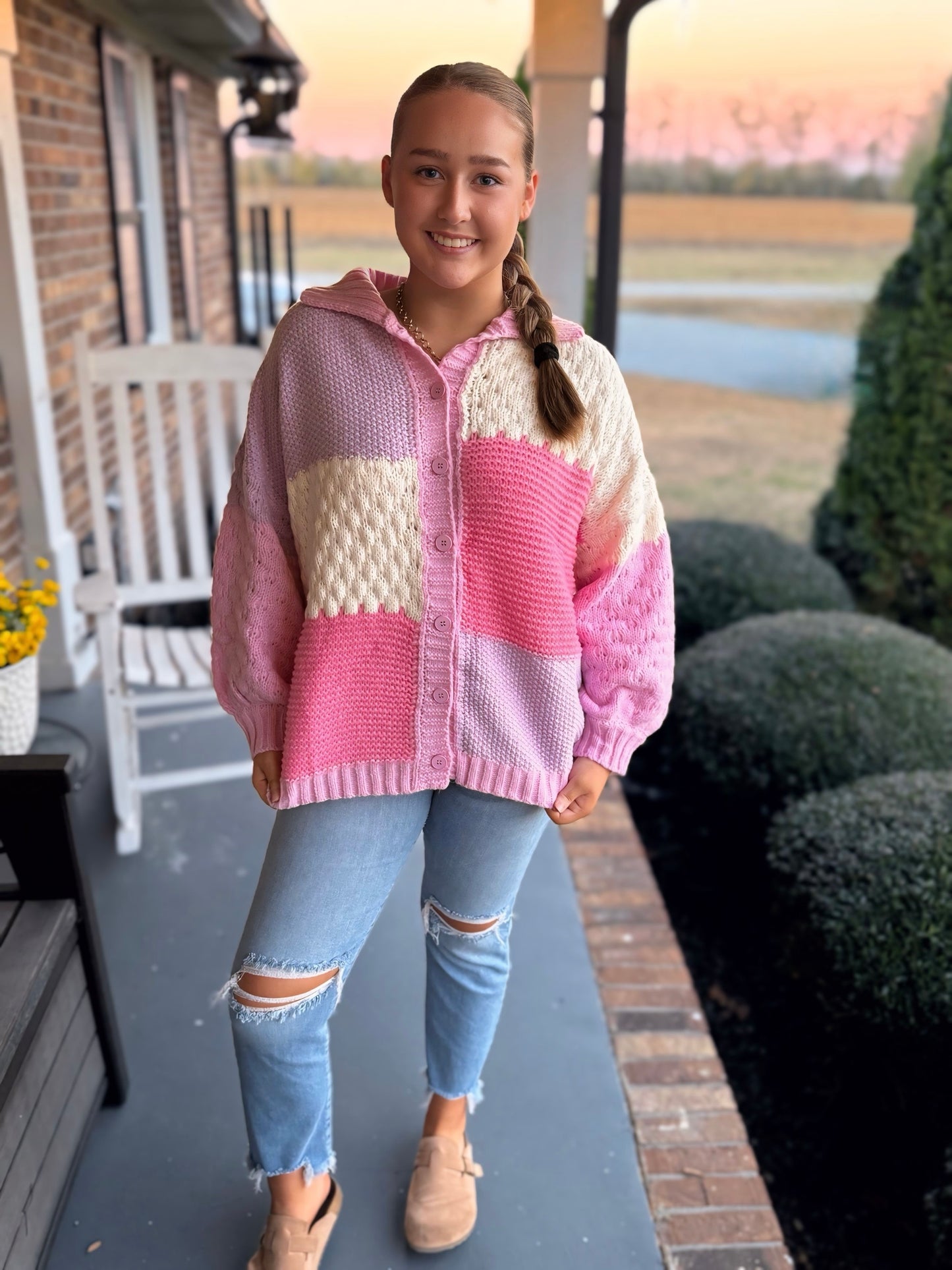 Long Sleeve Knit Sweater Top with Color Block