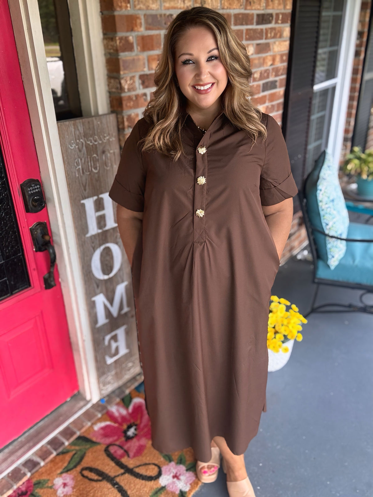 Brown Midi Dress with Gold Snap Buttons | Entro