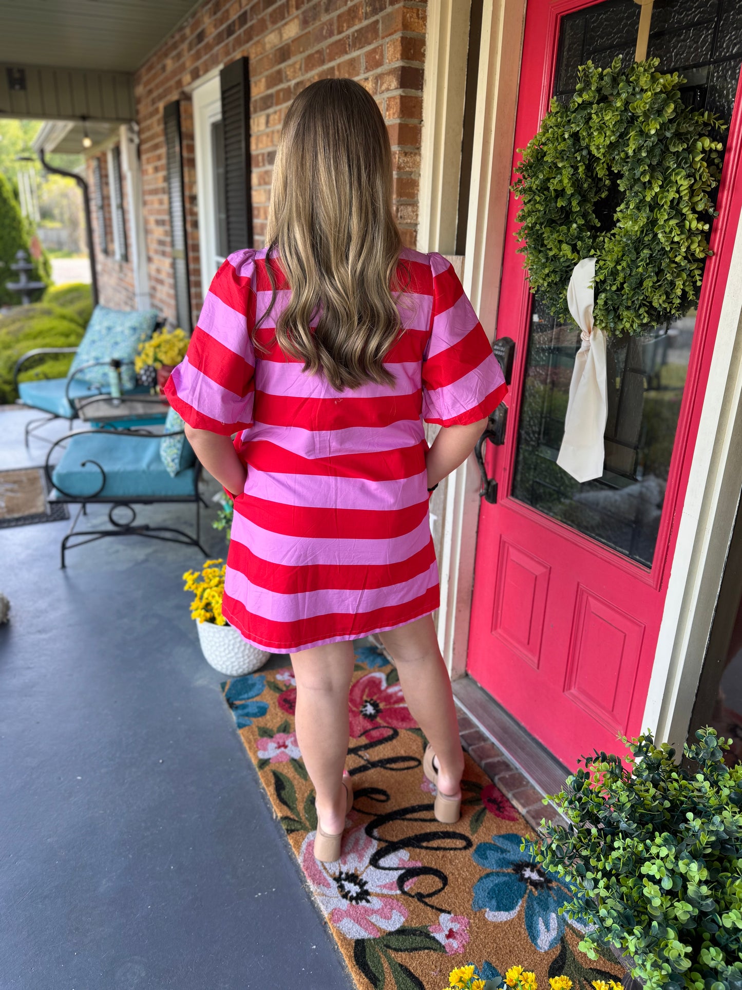 Entro Red/Pink Striped Puff Sleeve Mini Dress