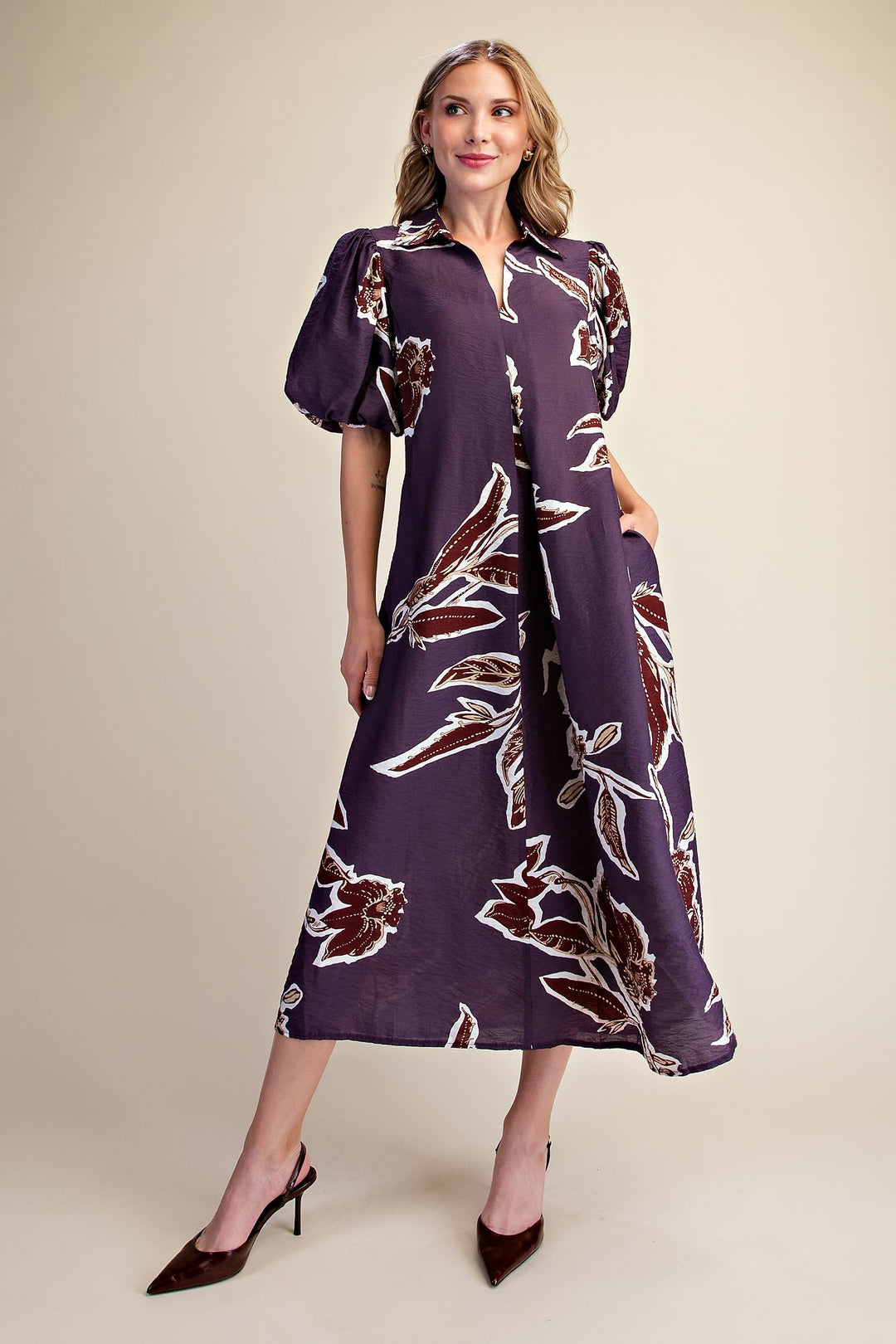 Plum Autumn Print Puff Sleeve Midi Dress