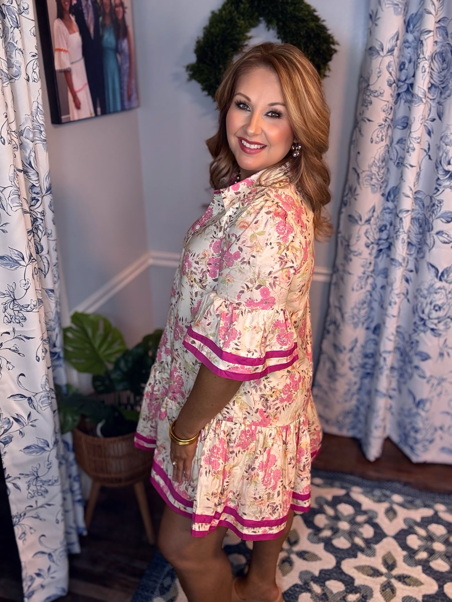 Rose/Fuchsia Bell Sleeve Floral Mini Dress