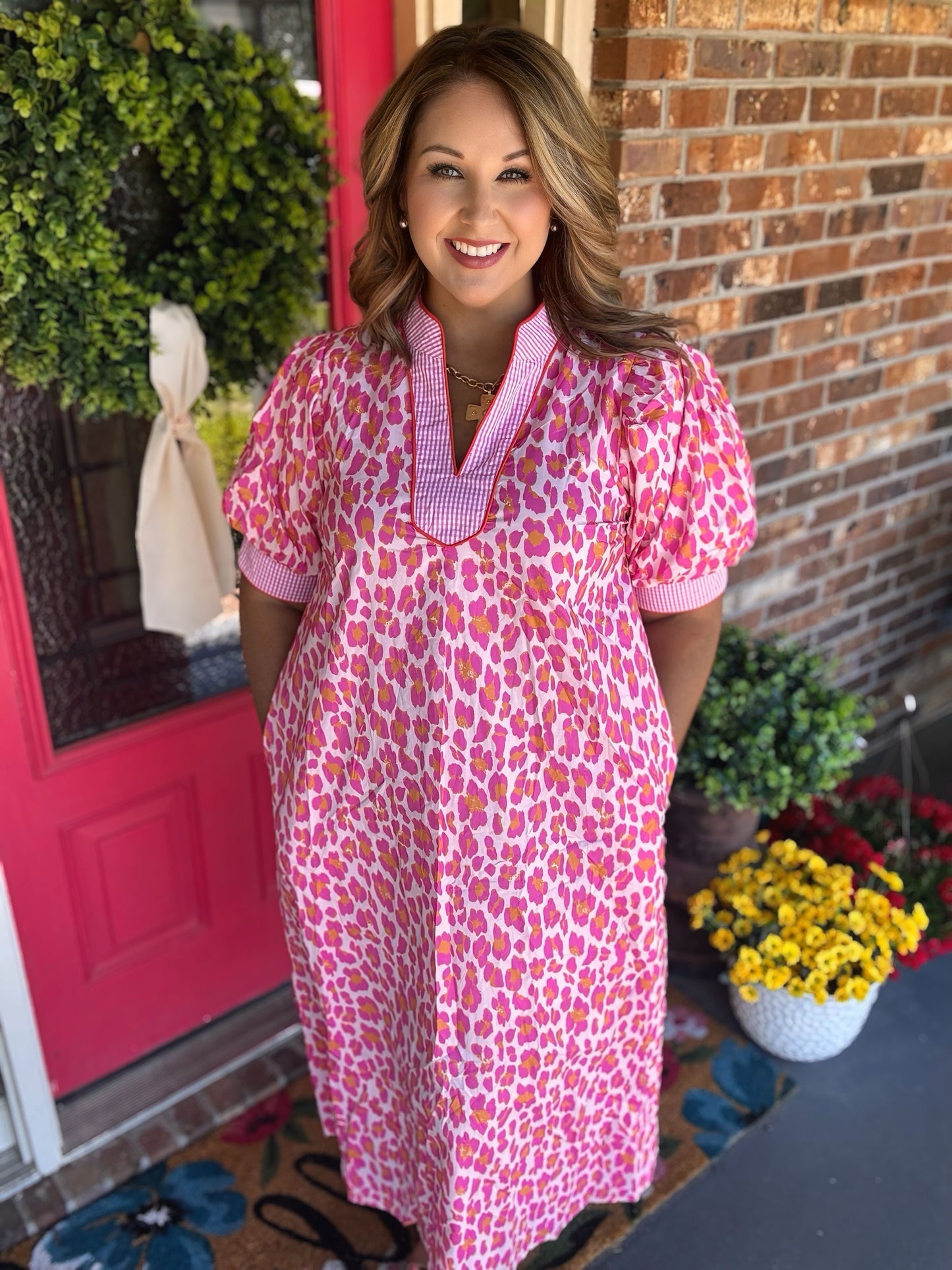 Entro Pink Leopard Midi Dress