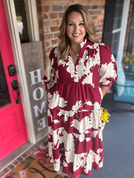 Umgee Burgundy Floral Tiered Maxi Dress