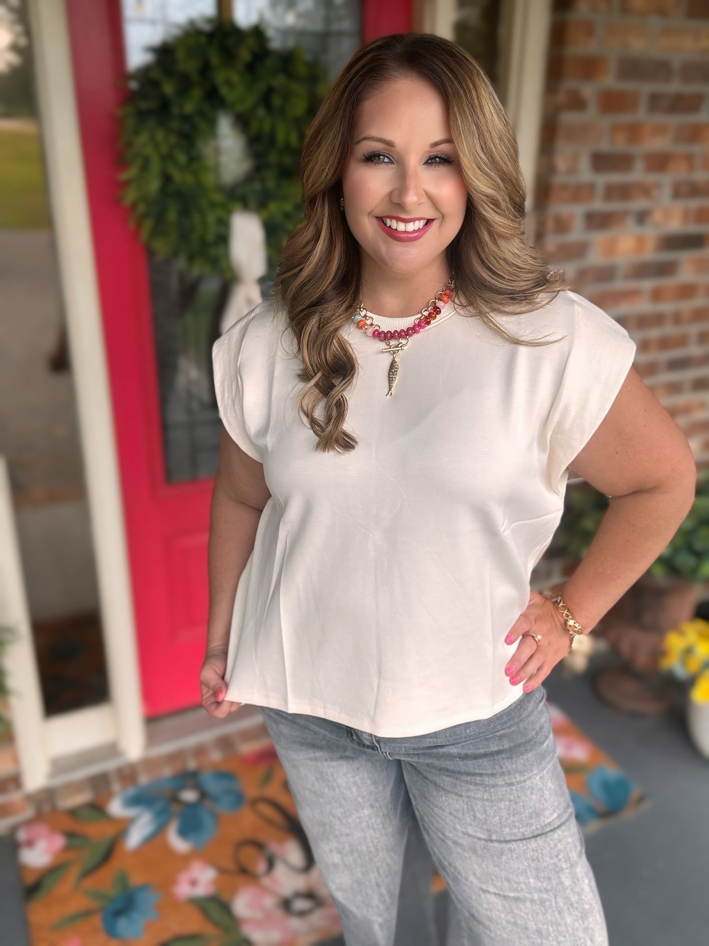 Entro Ecru Solid Round Neck Cap Sleeve Top