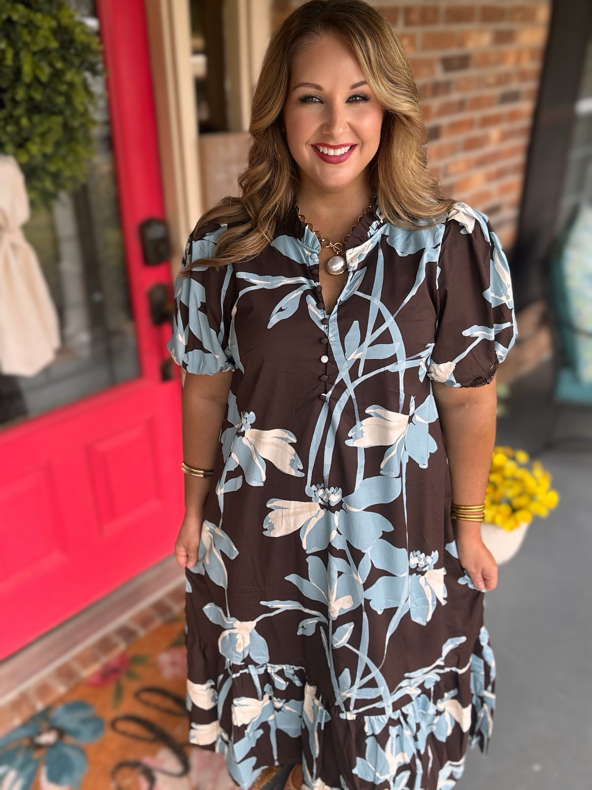 Entro Blue/Brown Floral Puff Sleeve Ruffle Midi Dress