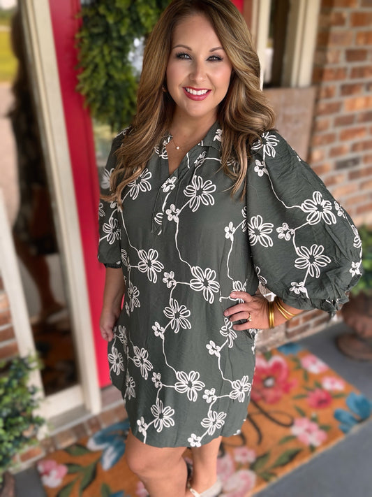 Entro Olive Floral Balloon Sleeve Mini Dress