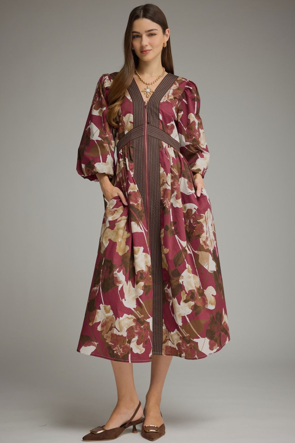 Entro Burgundy Floral Zip-Front Midi Dress