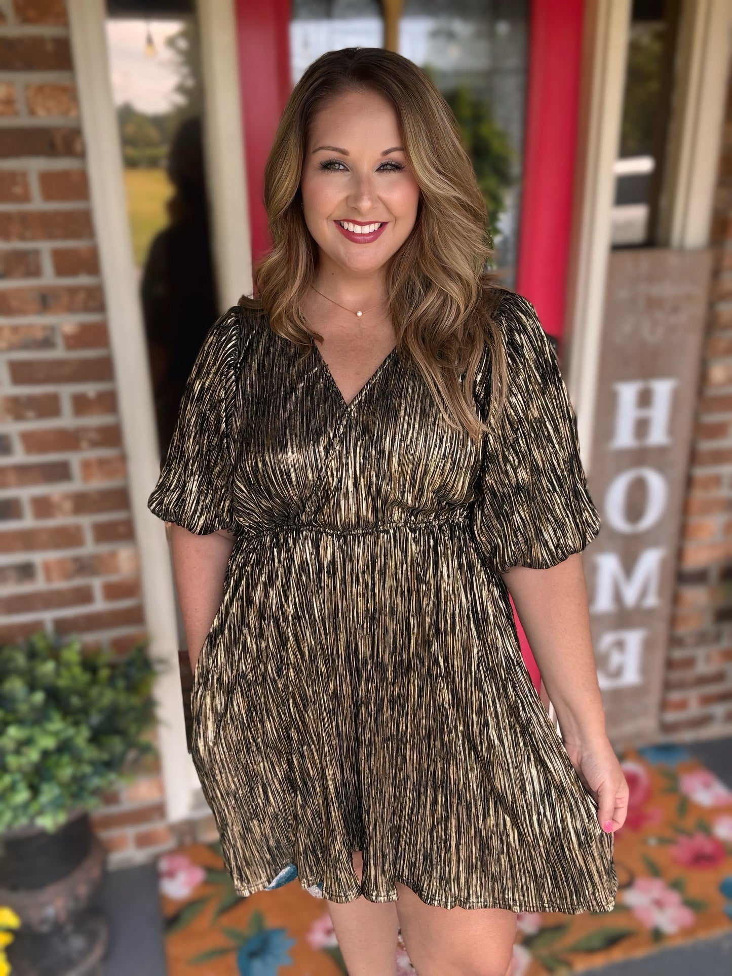 Easel Foil Crinkled Metallic Dress with Pockets