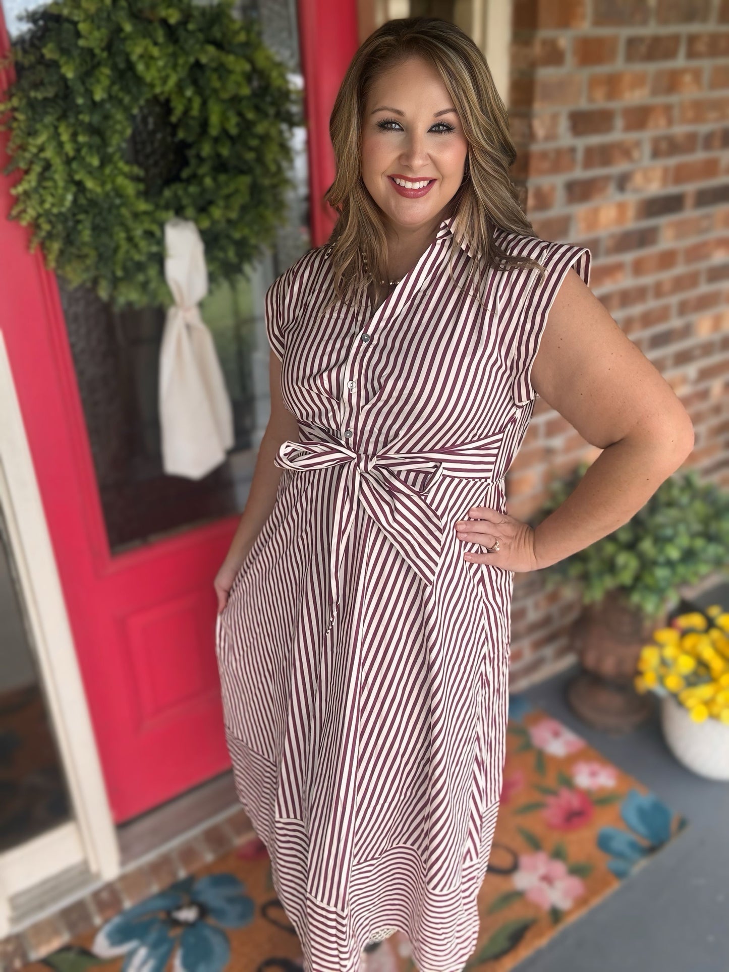 Entro Burgundy & Ivory Striped Game Day Midi Dress