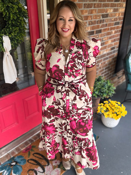 Entro Pink Floral Button-Front Midi Dress