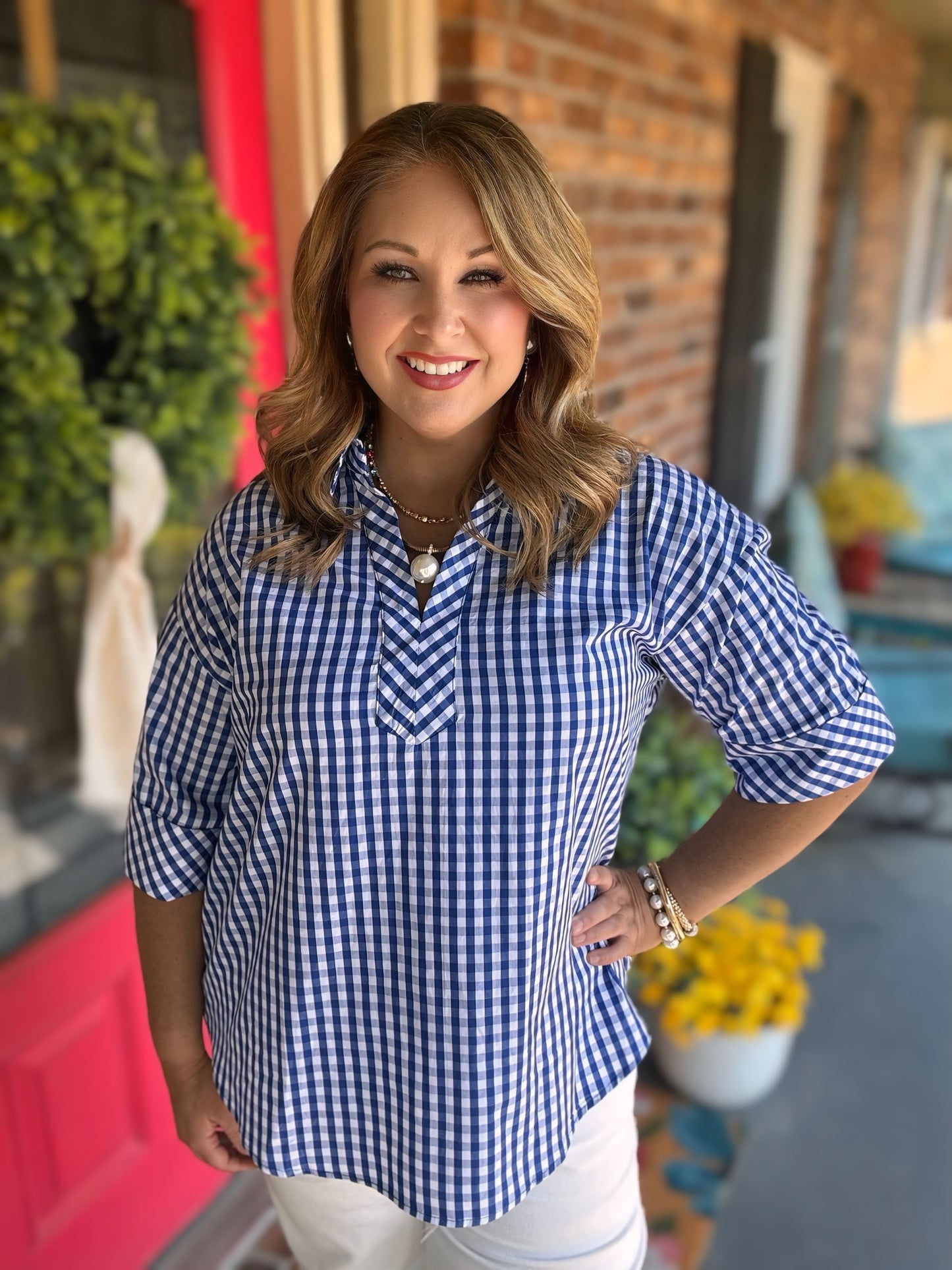 Entro Gingham 3/4 Sleeve Top