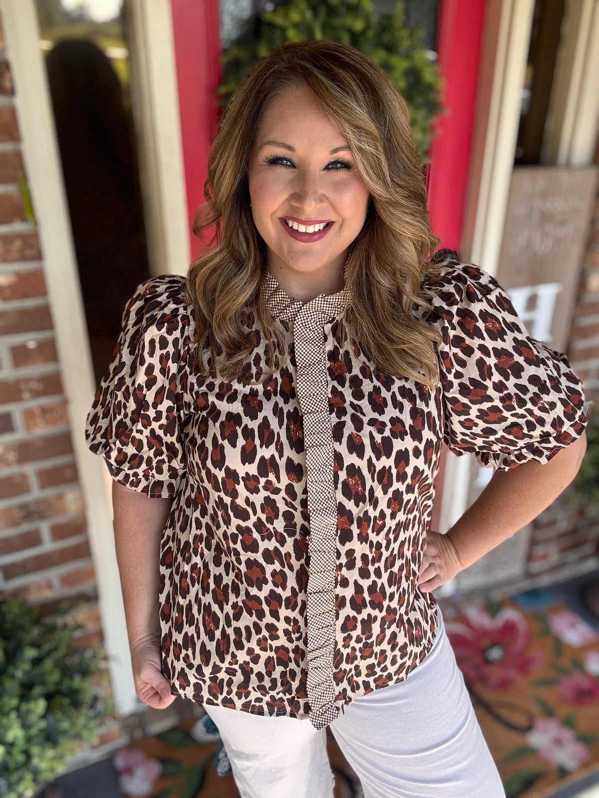 Entro Ecru Leopard Ruffle Trim Puff Sleeve Top