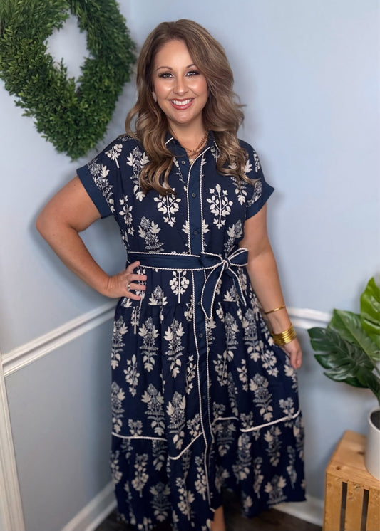 Botanical Dress in Navy