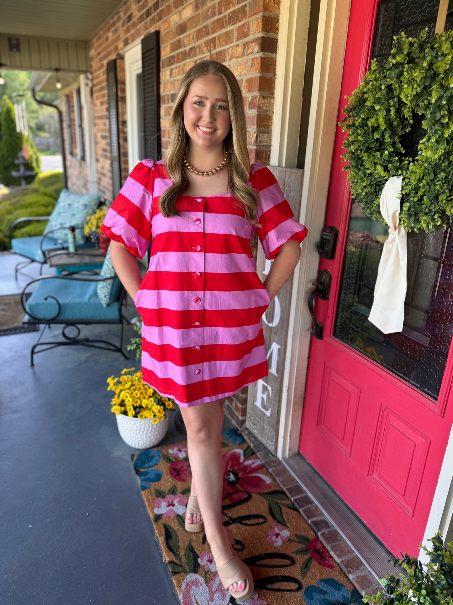 Entro Red/Pink Striped Puff Sleeve Mini Dress