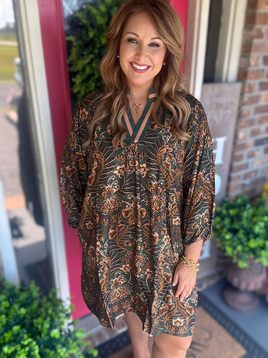 Floral Damask Print Collared Dress