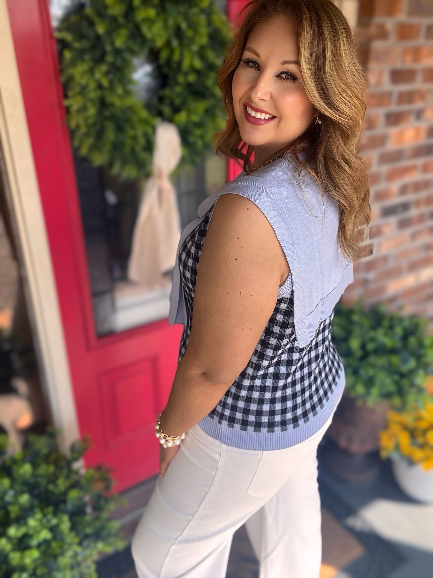 Entro Navy Gingham Knit Top