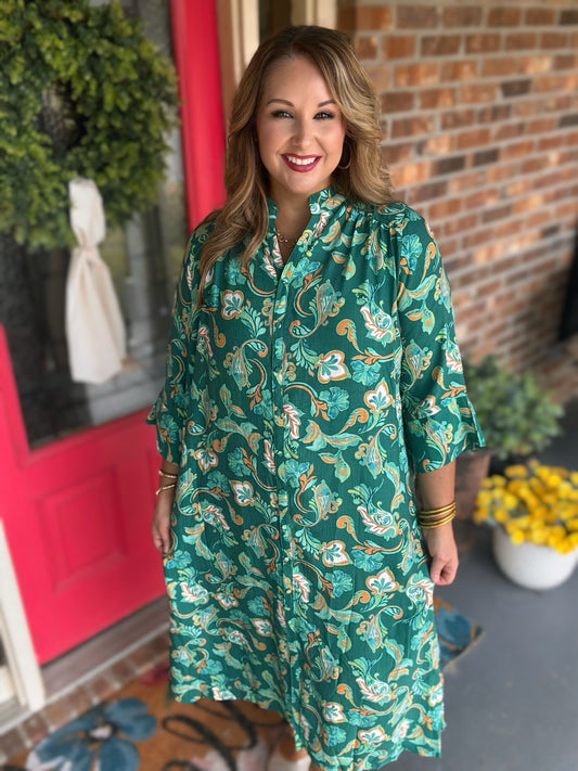 Umgee Hunter Green Paisley Button-Front Maxi Shirt Dress