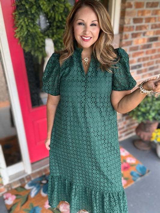 Entro Hunter Green Eyelet Ruffle Hem Midi Dress with Pockets