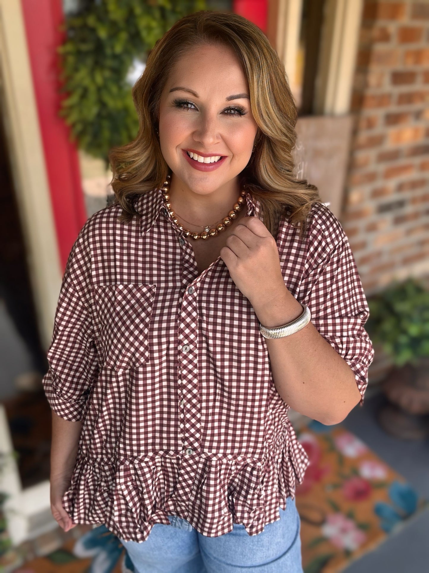 Entro Red Bean Gingham Top