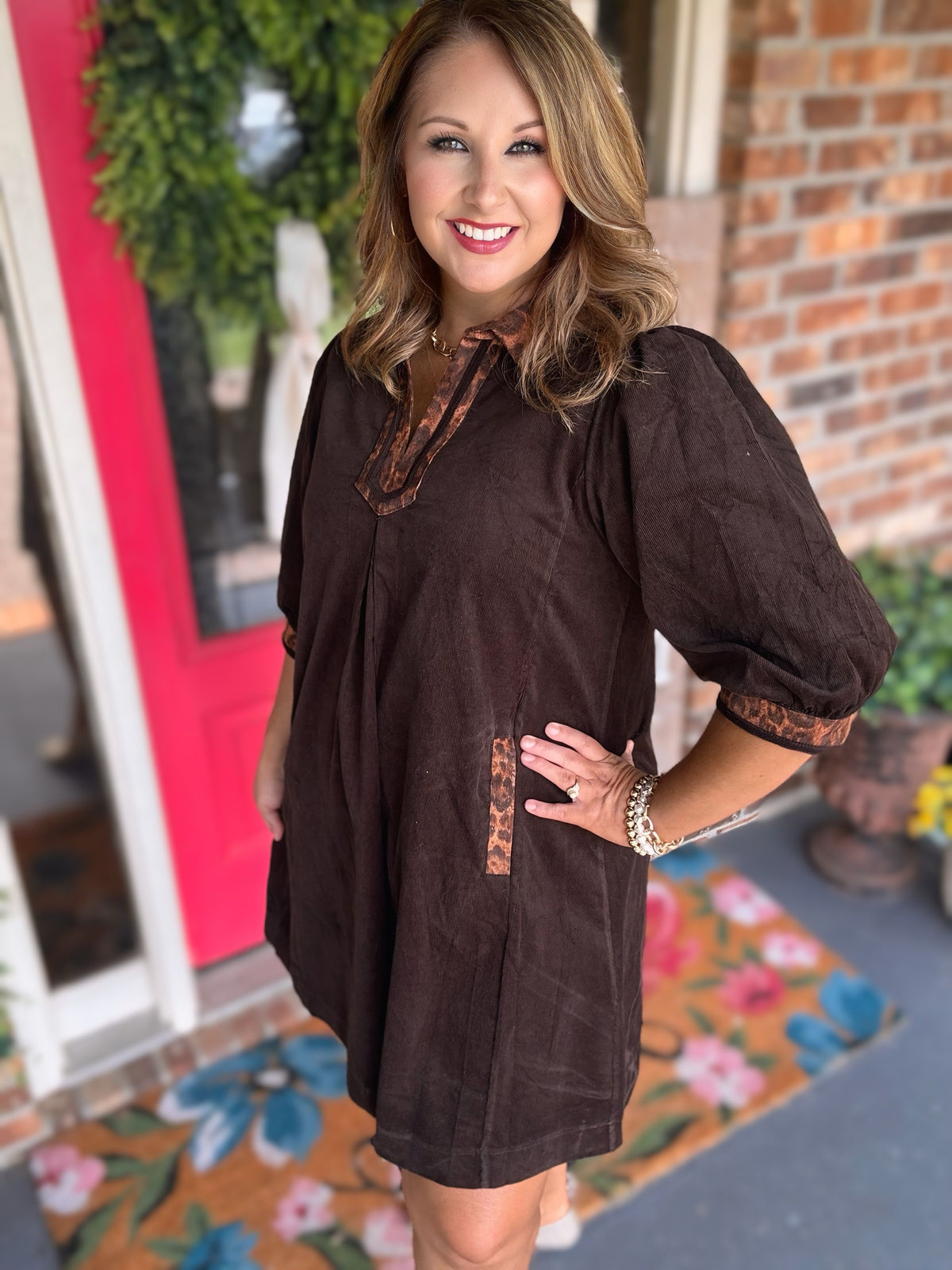 Umgee Brown Cotton Shift Dress with Leopard Contrast Trim & Pockets