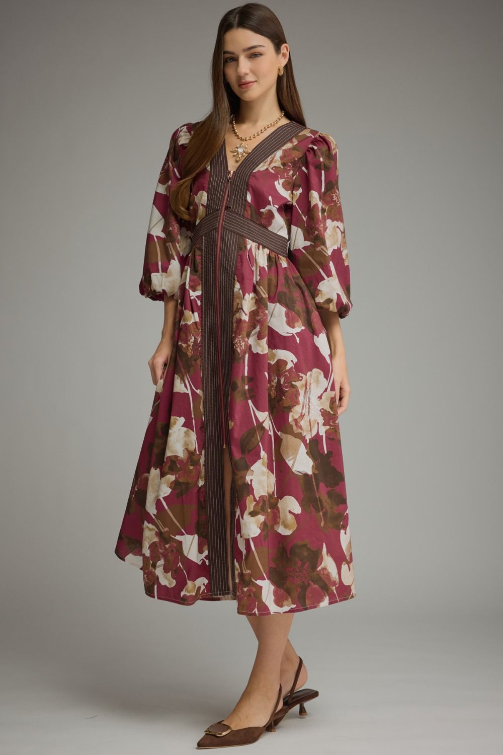 Entro Burgundy Floral Zip-Front Midi Dress
