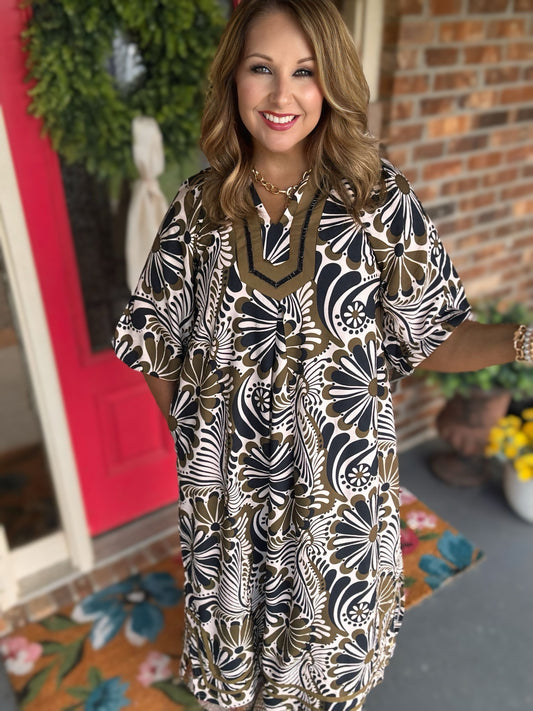 Umgee Olive Mix Abstract Print Midi Dress with Pocket