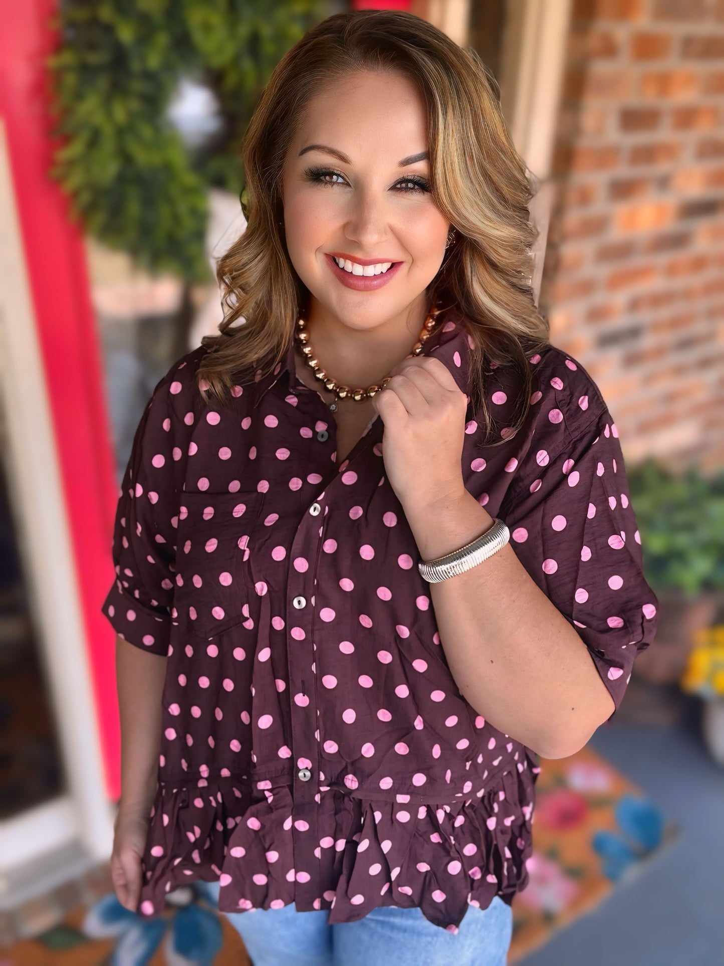 Entro Wine Polka Dot Button Top