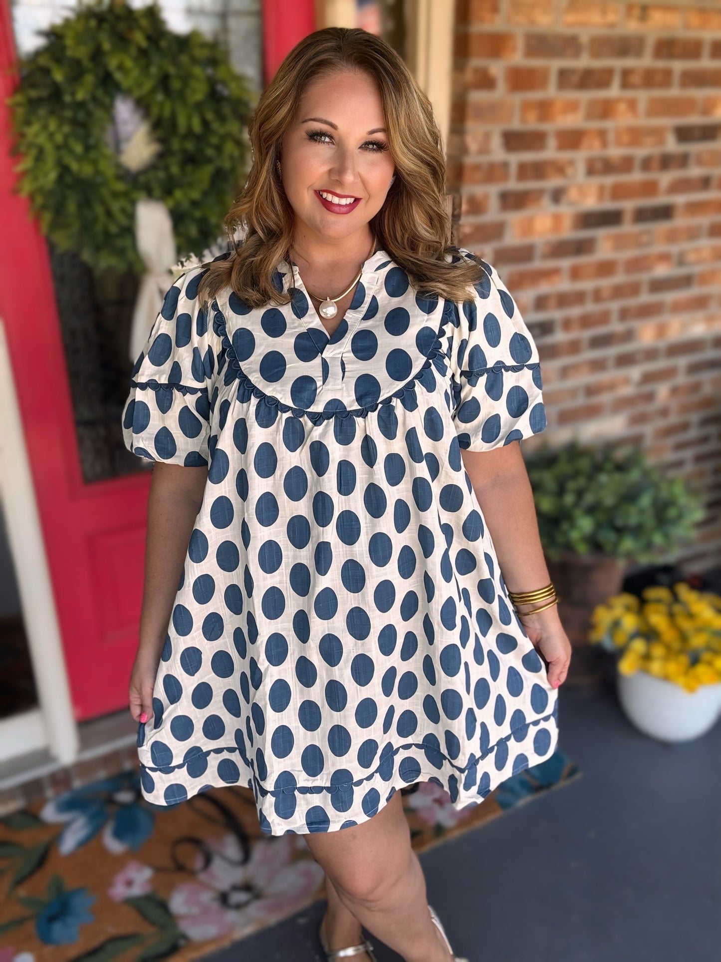 Blue Easel POLKA DOTS LINEN MINI DRESS
