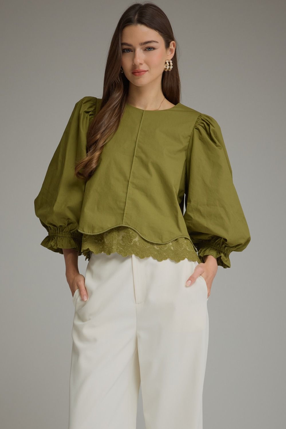 Entro Martini Olive Lace Trim Balloon Sleeve Top